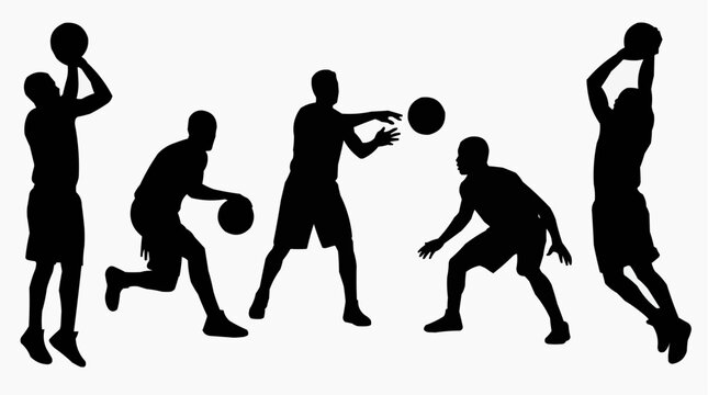 Basketball players performing various actions for the concept of sport and athleticism.