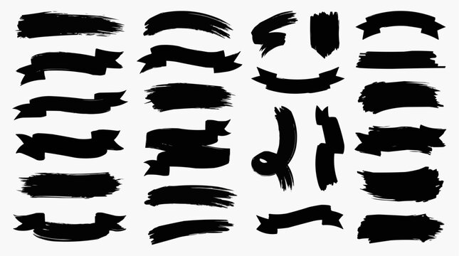 A collection of black ink brush stroke banners for graphic design element.