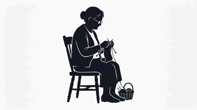 An elderly woman knitting a scarf while sitting on a chair for the concept of knitting hobby and senior lifestyle.