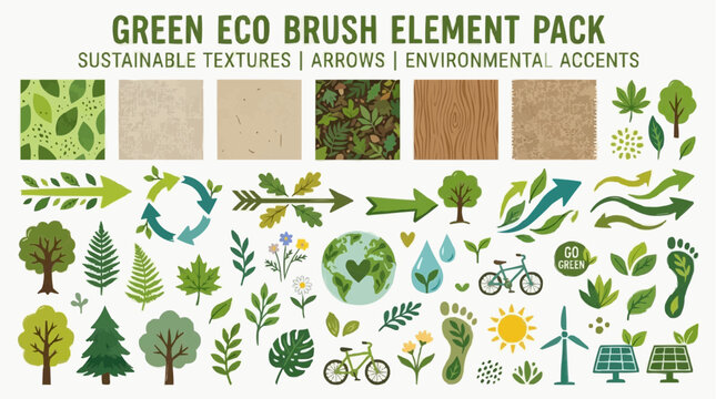 Green eco brush elements pack with sustainable textures, arrows, and environmental accents for a design concept.