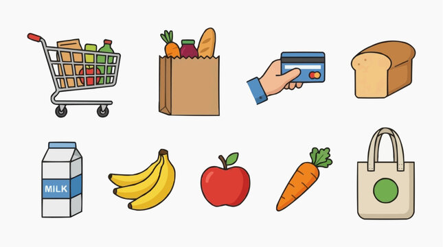 Grocery shopping concept with a shopping cart and various food items, representing shopping, buying and retail.