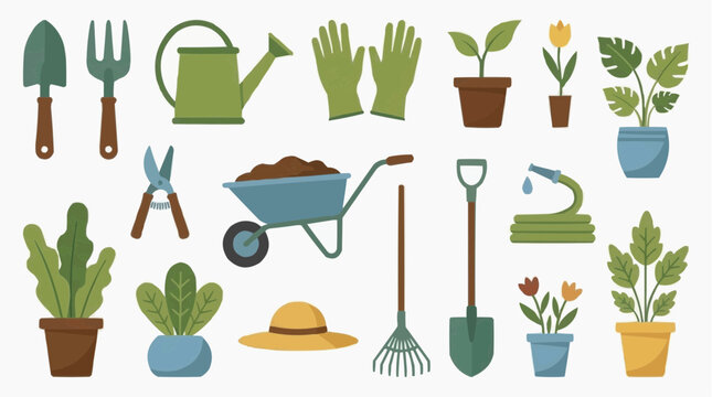 Gardening tools and plants illustration for the concept of a garden and hobby.