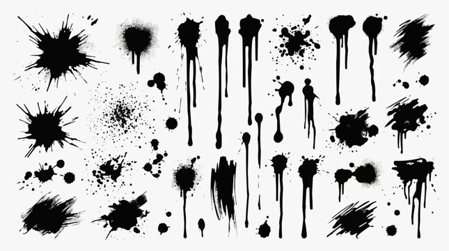 Set of black ink splatters and drips for the concept of graphic design element.