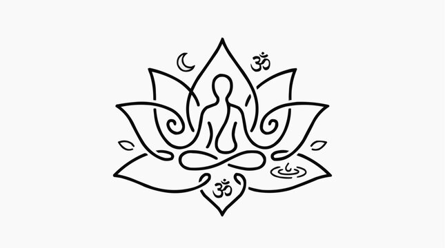 A silhouette of a person meditating in a lotus flower with spiritual symbols for the concept of peace and spirituality.