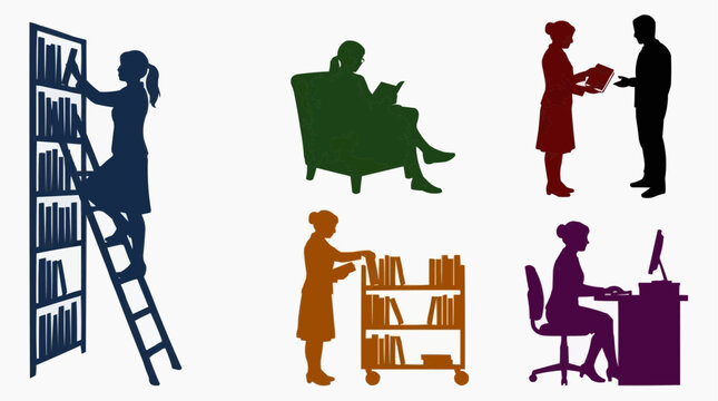 Silhouettes of people interacting with books in a library setting for the concept of knowledge and education.