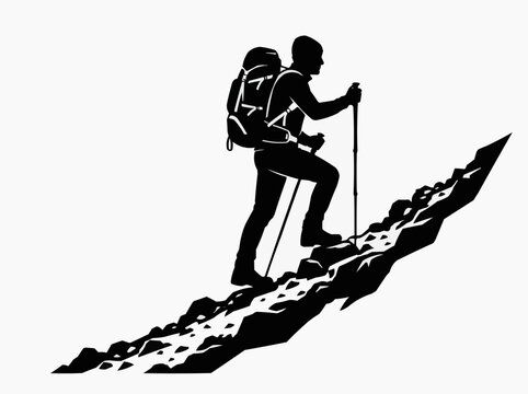 Silhouette of a hiker climbing a rocky slope, representing perseverance and adventure.