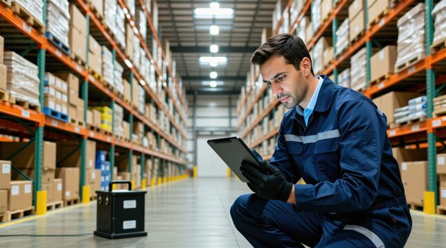 Male pest control technician uses digital tablet to inspect warehouse area. Worker in blue uniform, protective gloves kneels on floor checking storage facility inventory. Professional expert monitors