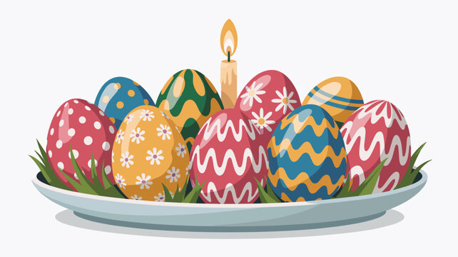 Colorful Easter eggs with various patterns are arranged on a white plate with green grass and a single lit candle in the center.