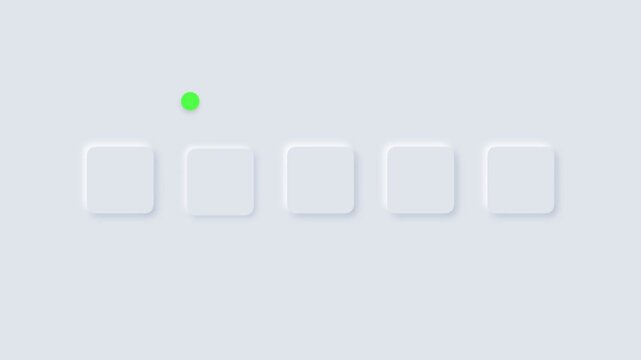 Neumorphic progress bar with five square buttons and a moving green indicator dot