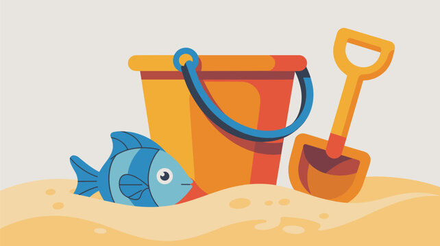 Childrens beach toys including an orange bucket and yellow shovel with a blue toy fish sitting in the sand under a bright and sunny summer sky.