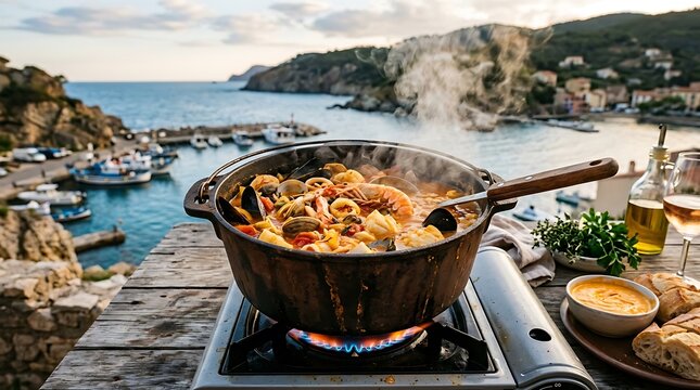 Traditional Mediterranean Seafood Stew Cooking by the Sea at Sunset