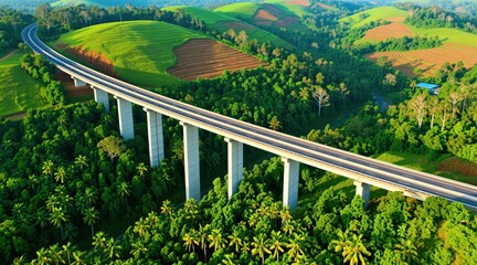 Fototapeta premium Aerial view of modern elevated highway bridge spanning across tropical valley with rich forest, green hills. Empty asphalt road construction winds through nature landscape. Infrastructure project