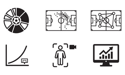 Set of sports analytics icons including soccer field heat map, player tracking, and performance statistics © Misu