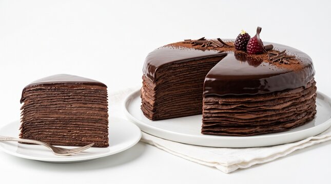 Chocolate mille-cr&ecirc;pe cake with perfectly defined layers. Isolated on White background