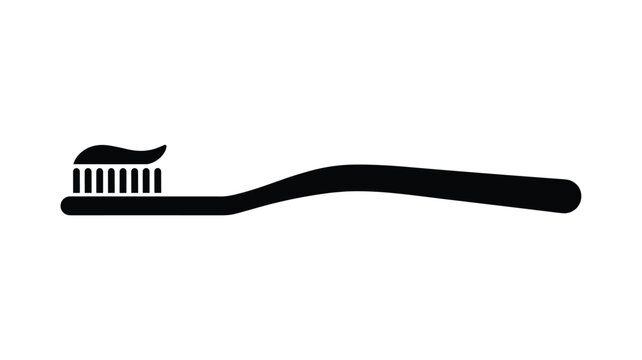 Simple black silhouette icon of a toothbrush with a dab of toothpaste on the bristles for dental hygiene and daily oral healthcare concepts.