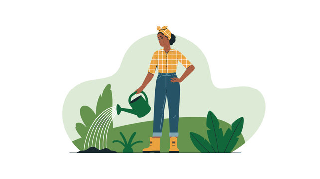 Dedicated woman in a yellow plaid shirt and blue jeans watering garden plants with a green watering can on a sunny day in her backyard garden.
