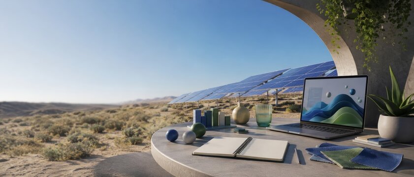 Workspace with laptop beside solar panels in a desert landscape