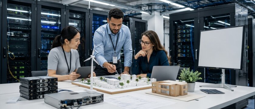 Three engineers reviewing a scale model in a server room