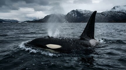 Naklejka premium A moody, high-contrast close-up of an orca surfacing in dark northern waters, capturing the powerful exhale and frozen water droplets in professional 8k detail.