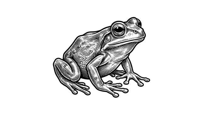 Detailed frog illustration in classic woodcut engraving style.