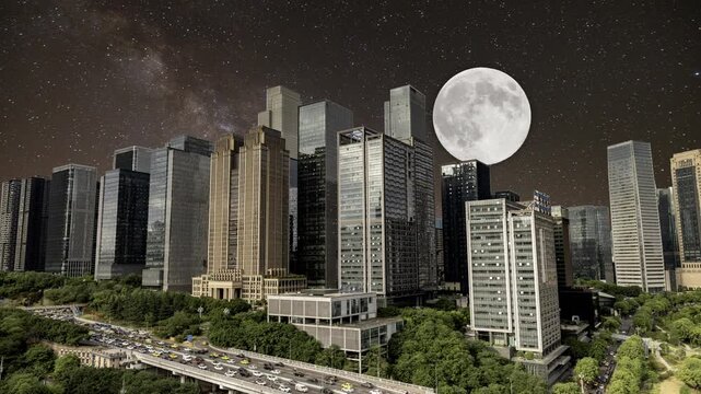 Chongqing cyberpunk skyline and stars in the sky