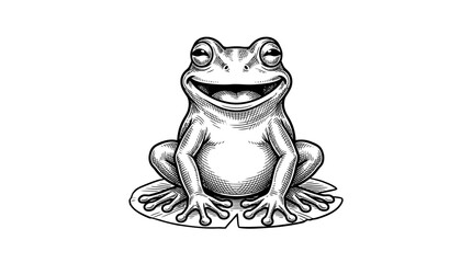 Smiling frog on lily pad vintage woodcut illustration. © ifa