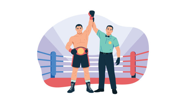 Boxing referee stands in the center of the ring raising the arm of the victorious boxer with a championship belt for a sports victory.