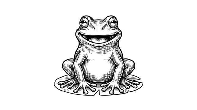Smiling frog on lily pad vintage woodcut illustration.