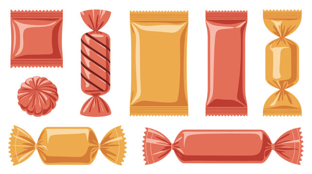 Collection of assorted colorful wrapped candies and sweets in various shapes and sizes arranged on a plain white background.