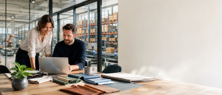 Two coworkers reviewing laptop in modern warehouse office