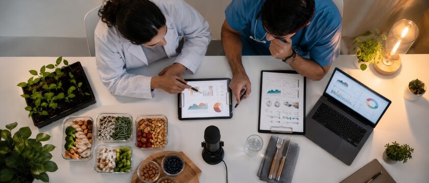 Overhead view of doctors reviewing nutrition data at desk