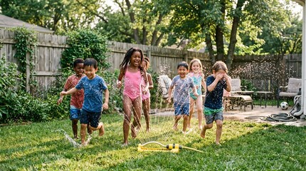 Fototapeta premium Diverse group of happy children playing in a sprinkler on a sunny summer day in a backyard
