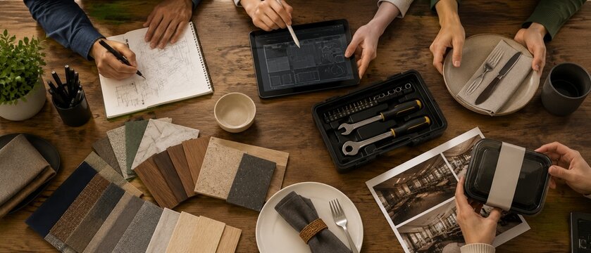 Overhead view of interior design planning meeting with samples