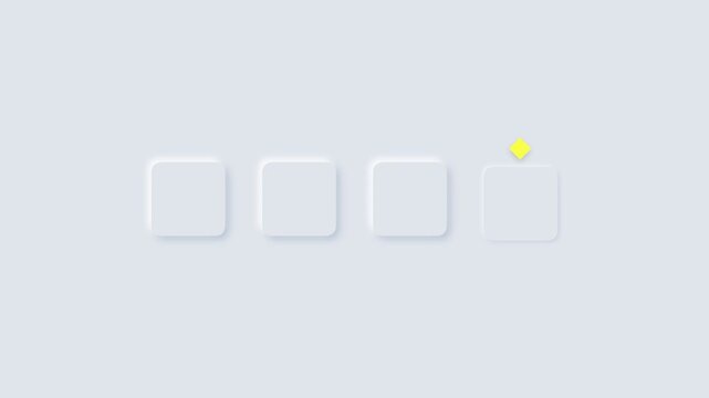 Neumorphic loading animation with four squares and a jumping yellow diamond