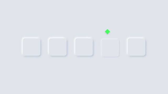 Neumorphic square buttons with a bouncing green diamond loading animation