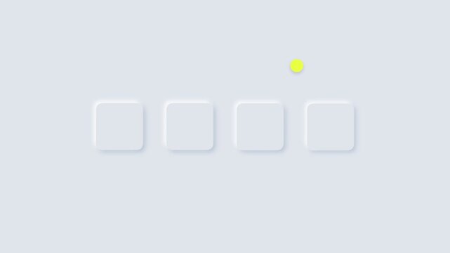 Yellow dot jumping over white rounded square buttons in a minimalist animation