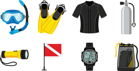 Scuba Diving and Snorkeling Equipment Icon Set with Mask Fins Wetsuit Oxygen Tank Dive Flag and Watch Vector © Rimu
