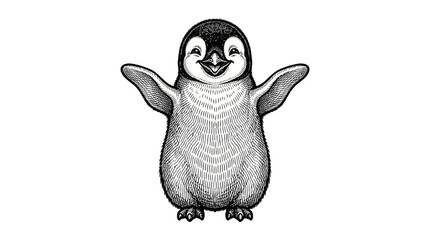 Cute penguin character waving both flippers illustration. © reva