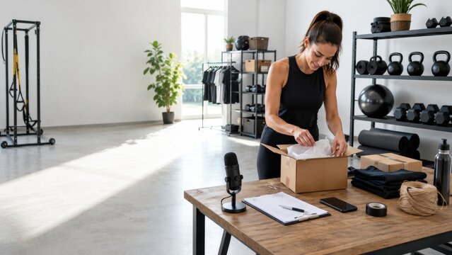 Woman packing a cardboard box in a bright fitness studio