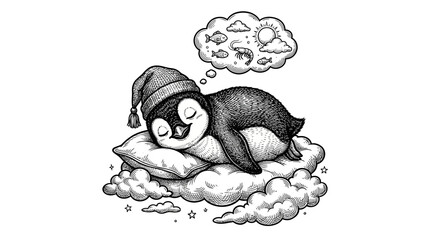 Penguin sleeping on a cloud dreaming of fish. © reva
