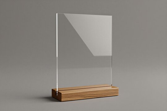 Blank acrylic table tent menu holder with wooden base for branding mockup design. Empty A5 size plastic sign stand isolated on grey background. Clear vertical display frame for restaurant promotion