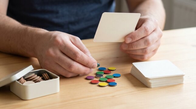 Hands holding blank white playing cards with colorful wooden game tokens on a table