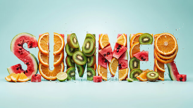 Summer text created from tropical fruits. A vibrant seasonal typographic banner. Bright exotic Lettering. A symbol of rest, relaxation, and travel. A beachy, sunny design.