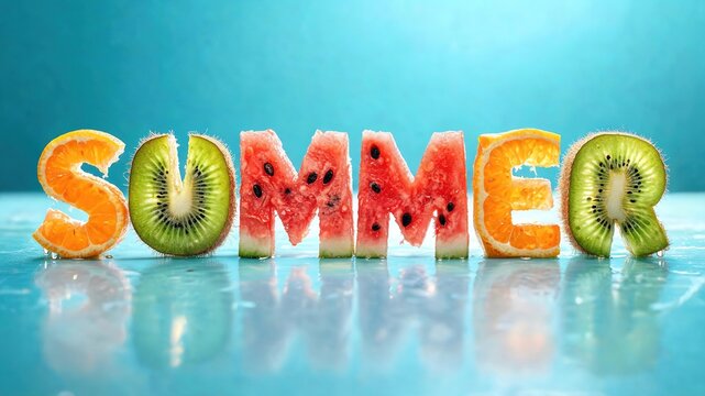 Summer text created from tropical fruits. A vibrant seasonal typographic banner. Bright exotic Lettering. A symbol of rest, relaxation, and travel. A beachy, sunny design.