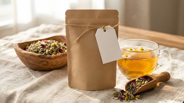 Blank label on a brown paper tea bag with loose tea leaves and a cup of herbal tea, branding