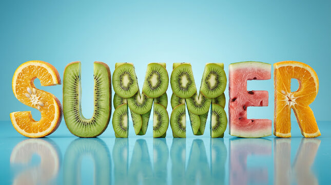 Summer text created from tropical fruits. A vibrant seasonal typographic banner. Bright exotic Lettering. A symbol of rest, relaxation, and travel. A beachy, sunny design.