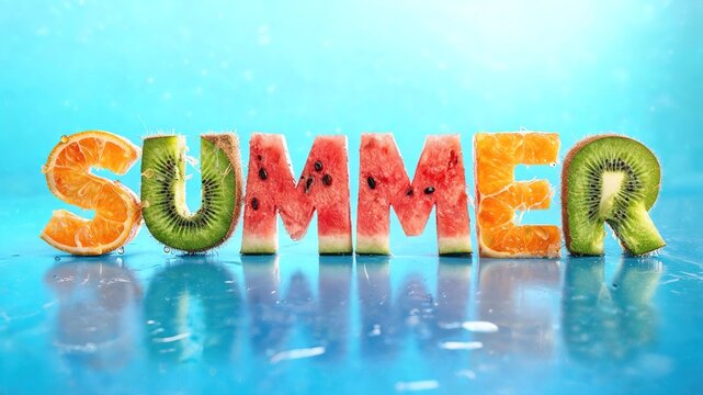 Summer text created from tropical fruits. A vibrant seasonal typographic banner. Bright exotic Lettering. A symbol of rest, relaxation, and travel. A beachy, sunny design.