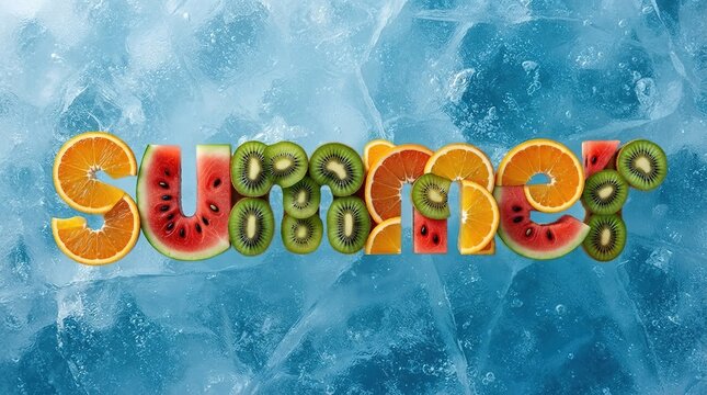 Summer text created from tropical fruits. A vibrant seasonal typographic banner. Bright exotic Lettering. A symbol of rest, relaxation, and travel. A beachy, sunny design.
