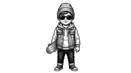 Urban skater boy with skateboard engraving. © reva