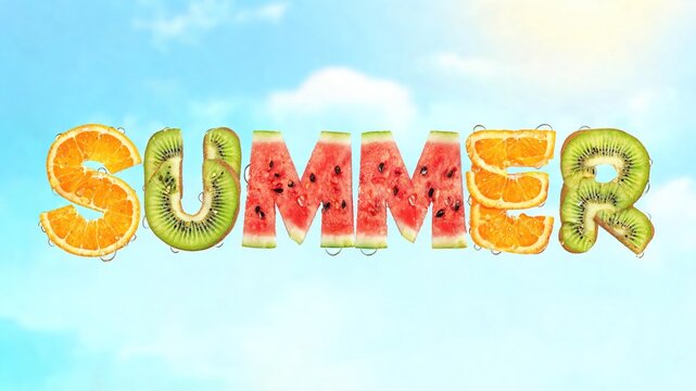 Summer text created from tropical fruits. A vibrant seasonal typographic banner. Bright exotic Lettering. A symbol of rest, relaxation, and travel. A beachy, sunny design.